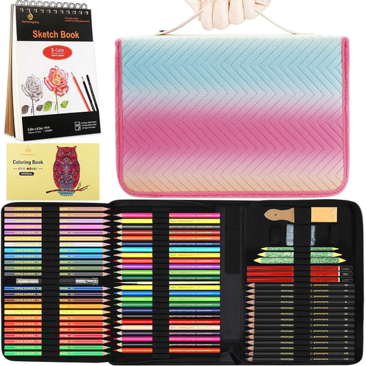 78pcs Drawing Kit Sketching Set Art Supplies with 3-Color Sketchbook Colorful Portable Case Colored Graphite Charcoal Watercolor Mettallic Pencil sketch draw gift set for Artist Adult Beginner