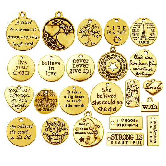 40pcs Antique Gold Inspiration Words Charms Craft Supplies Beads Charms Pendants for Jewelry Making Crafting Findings Accessory for DIY Necklace Bracelet (M511)