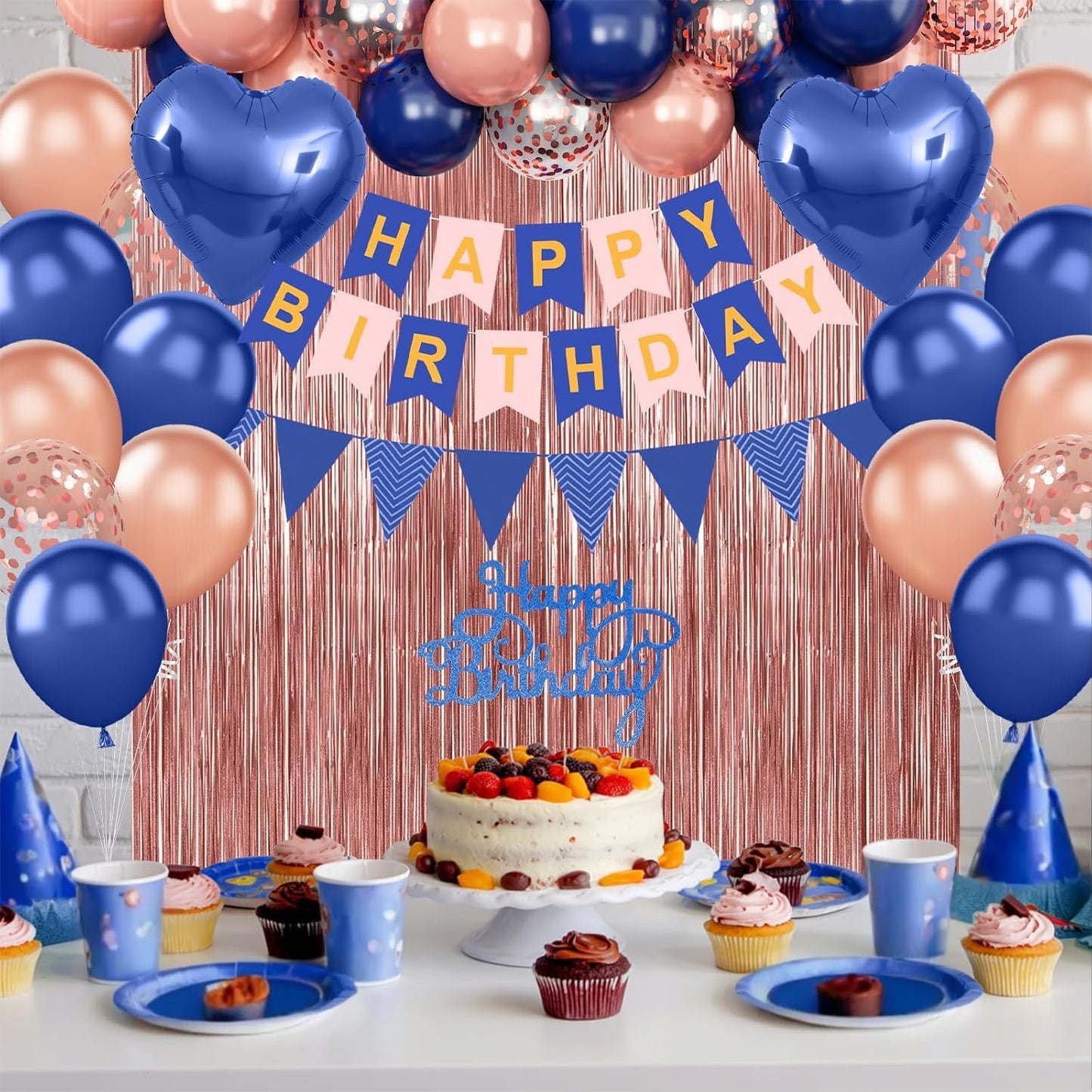 Navy Blue Rose Gold Birthday Decorations,Happy Birthday Banner Fringe Curtain Heart Foil Balloons for Women Girl Boys Men