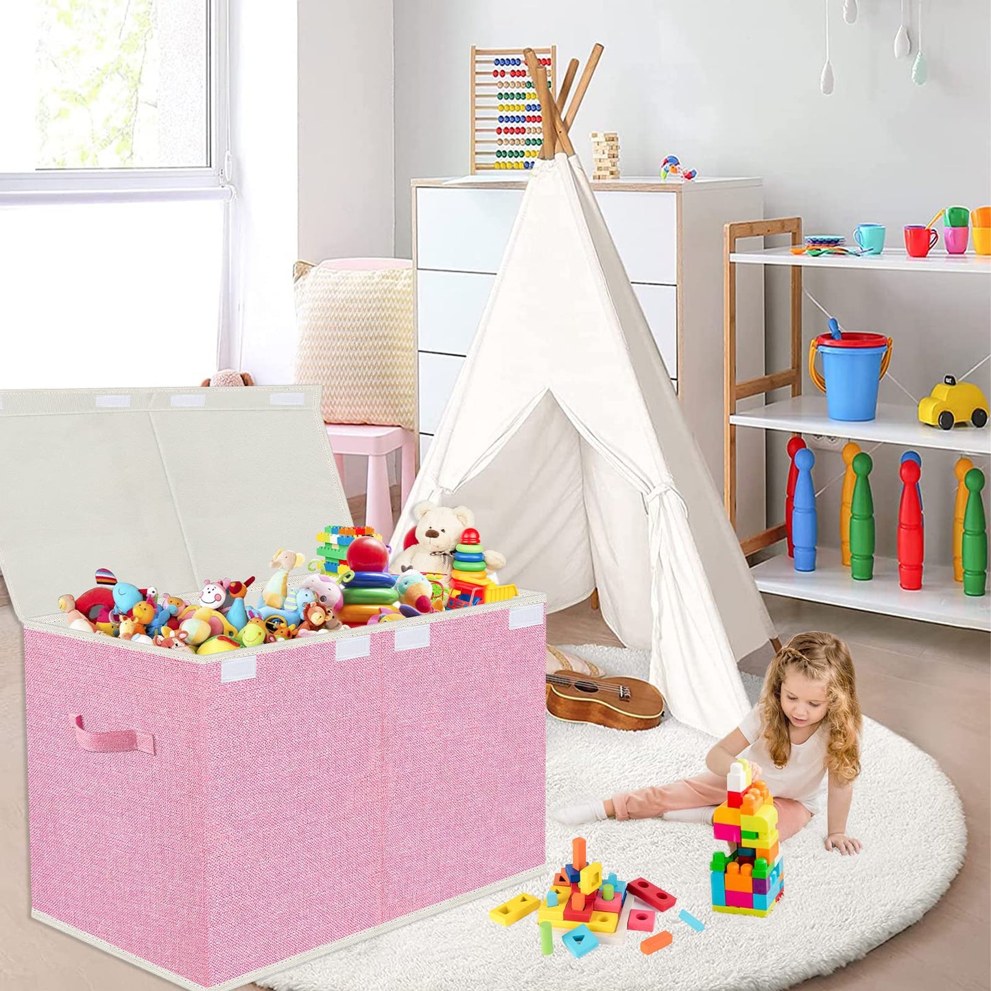 VERONLY Large Toy Box Chest Storage with Lid - Collapsible Kids Toys Boxes Organizer Bins Baskets with Handles for Boys, Girls,Nursery,Playroom,Clothes,Blanket,Bedroom(Pink)