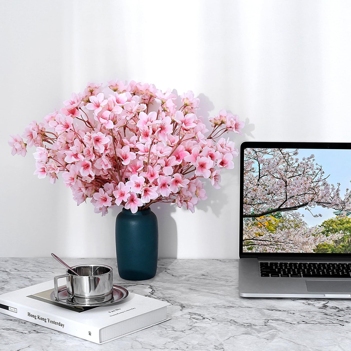 6Pcs Artificial Cherry Blossom Branches Decor Fake Flowers 16" Silk Faux Flowers for Decoration Spring Peach Bouquet Home Wedding Bedroom Party Japanese Garden Table Centerpiece Decor(Pink)