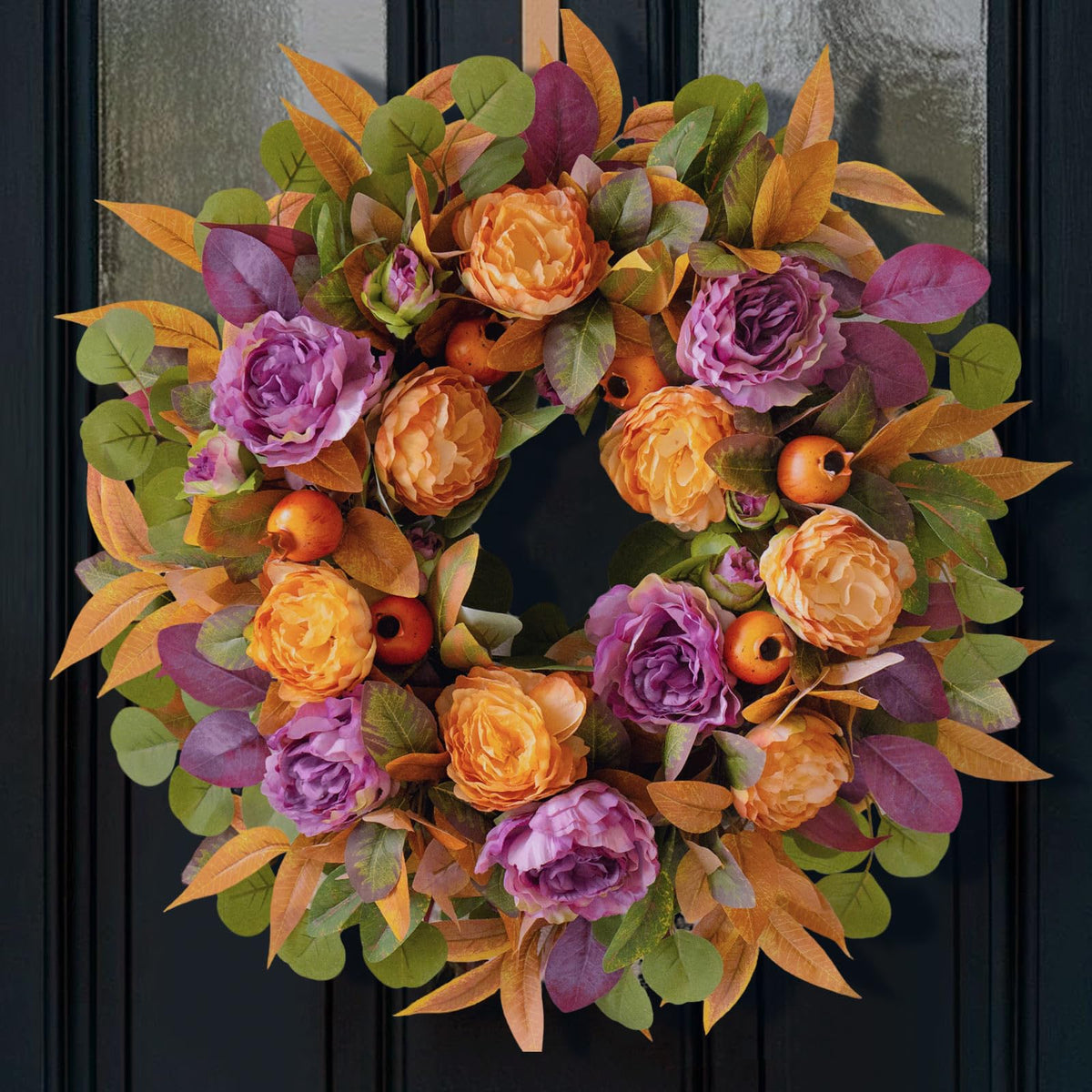 24 Inch Harvest Fall Wreath for Front Door Outside with Orange Purple Peony