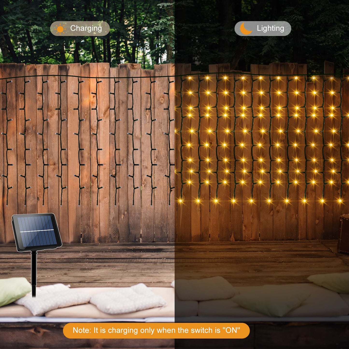 DBFAIRY Solar Curtain Lights,13ft x 3.3ft 200 LED Outdoor Solar Curtain Lights Waterproof Green Wire with 8 Mode for Garden Handrail Railing Eaves Wall Decoration -Warm White