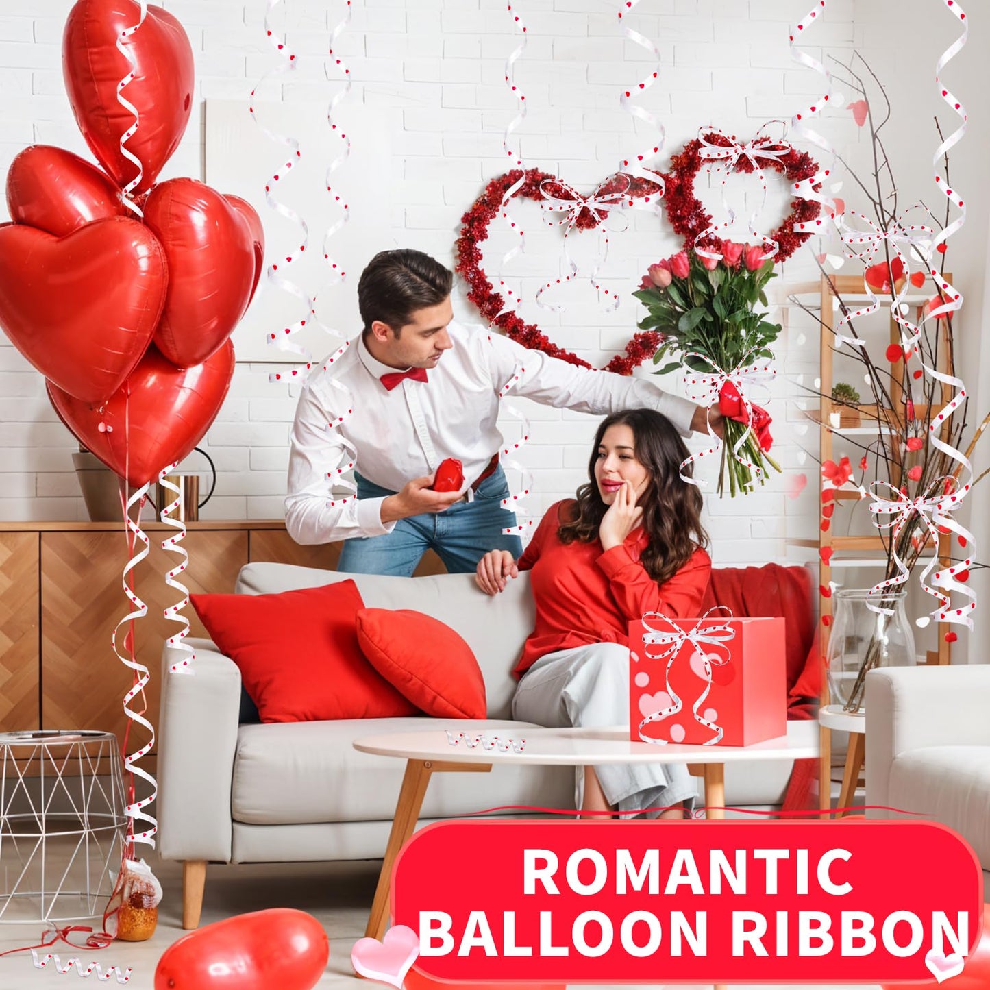 600 Yards Valentine Curling Ribbon 1/5 Inch Heart Ribbon White Red Balloon String Ribbons for Gift Wrapping Birthday Party Valentine's Day Decorations