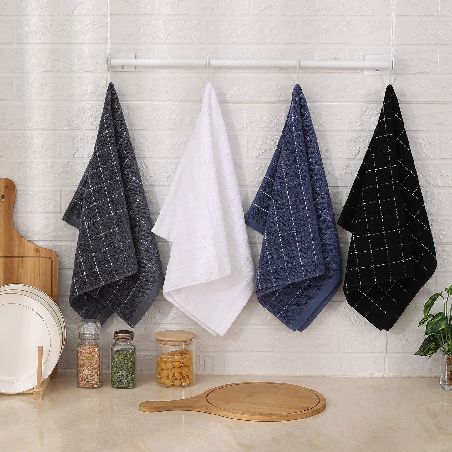 100% Cotton Terry Cloth Kitchen Towels, Super Soft and Absorbent Dish Towels for Drying, Checkered Designed Hand Towels for Kitchen, 16 x 26 Inches, 4 Pack, Black