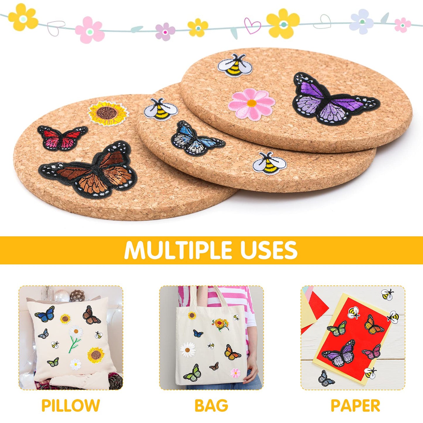 55 Pieces Embroidered Flowers Iron on Patches Butterfly Sew on Patch Sunflowers Appliques Patches Bee Embroidered Patches Decoration DIY Craft Patches for Clothes Jackets Jeans Dress Pants Decor