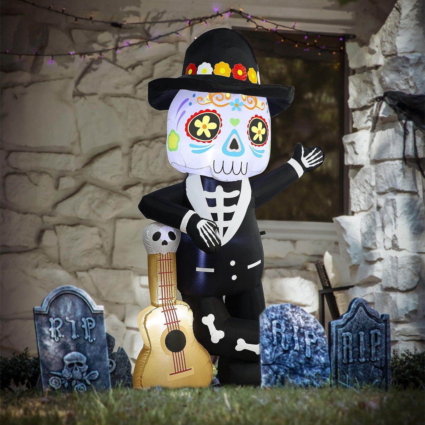 Joliyoou 6FT Halloween Inflatable Decoration, Lighted Blow Up Skeleton with A Guitar, Plug-In Holiday Indoor Outdoor Standing Decor for Spooky Party Day of the Dead (Skeleton Leaning Against A Guitar)