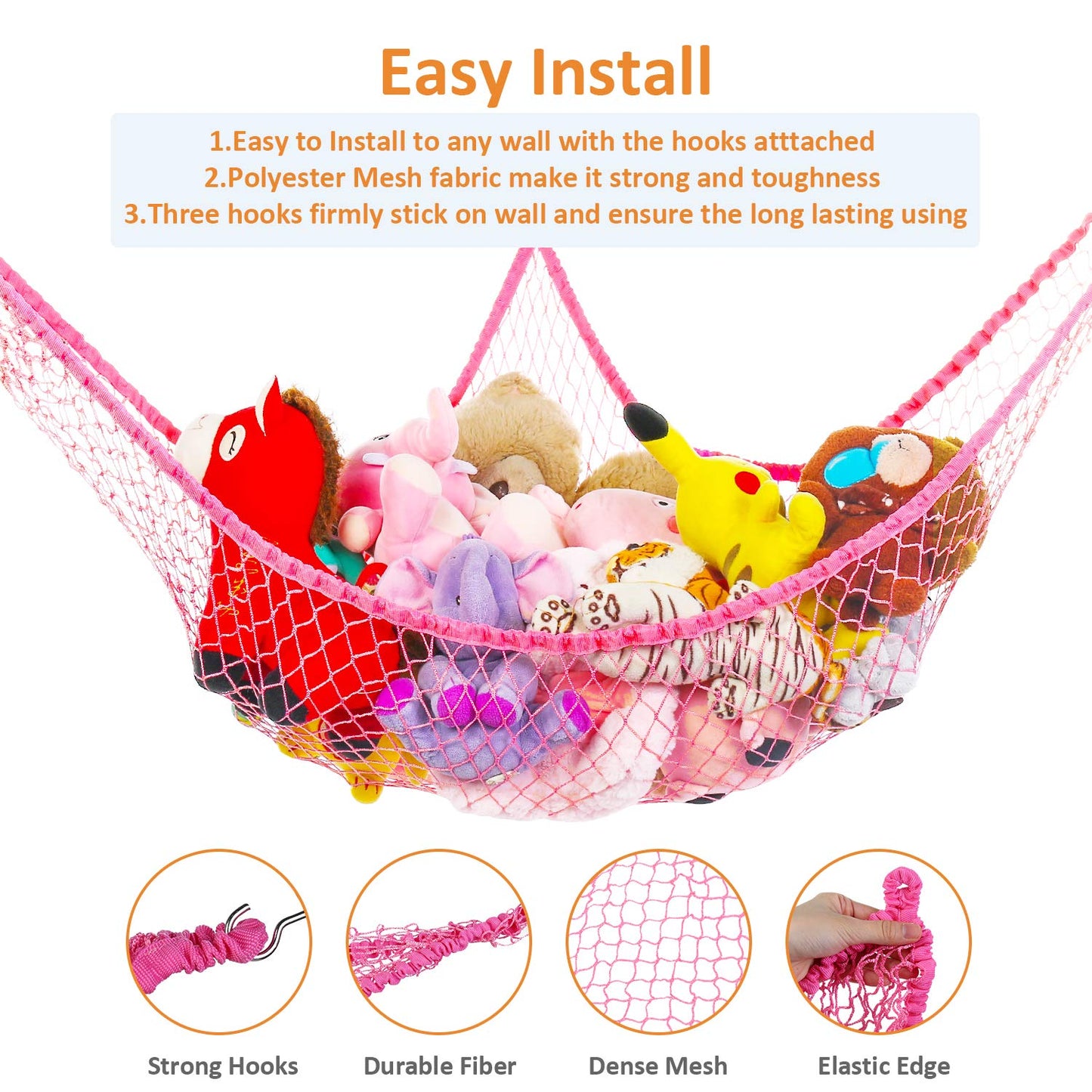 KOHUIJOO Jumbo Toy Hammock Stuffed Animals and Toy Storage Hammock Net 70" Wall Sling Corner Extra Large Kids Children Mesh Toy Net Organizer Pink
