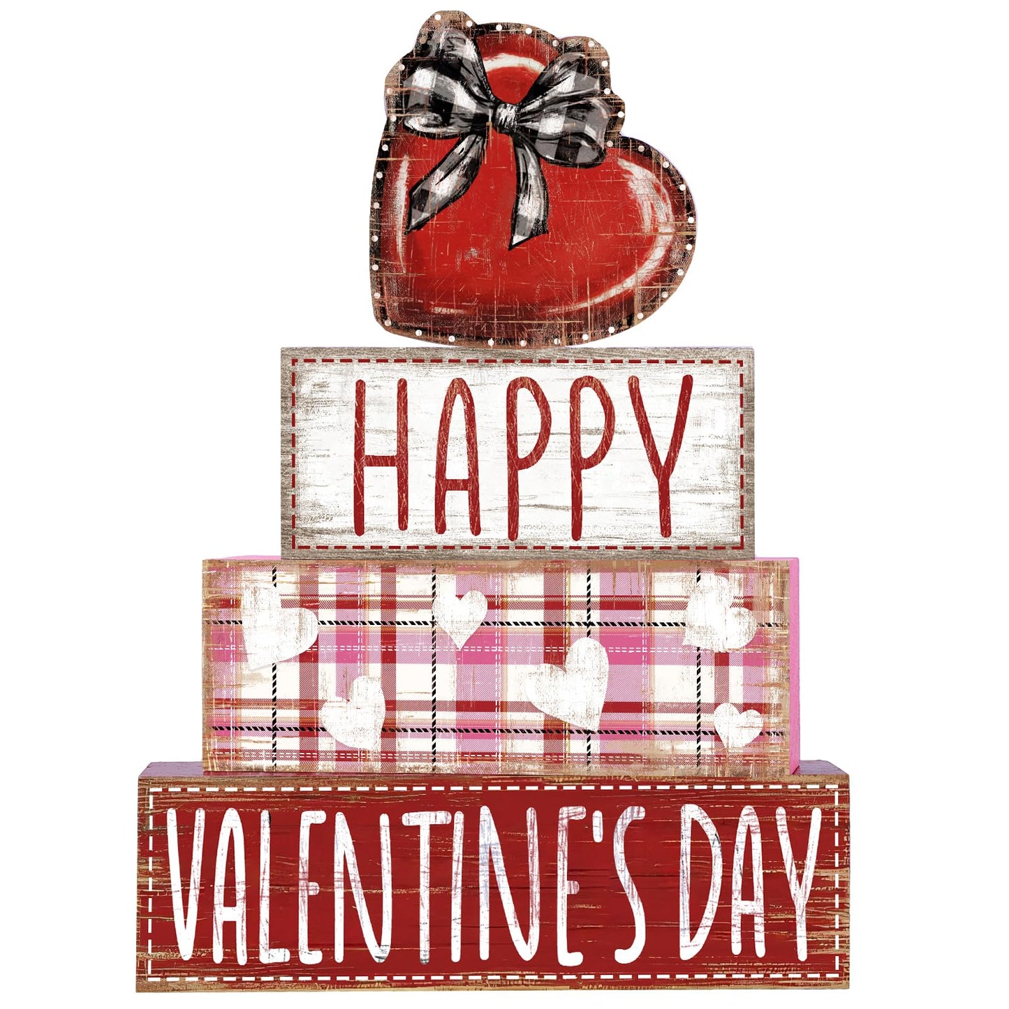 4Pcs Valentine's Day Table Decoration Valentine Heart Wooden Block Signs Rustic Valentines Tiered Tray Decor Happy Valentine's Day Centerpiece Sign for Farmhouse Holiday Tabletop Party Decor
