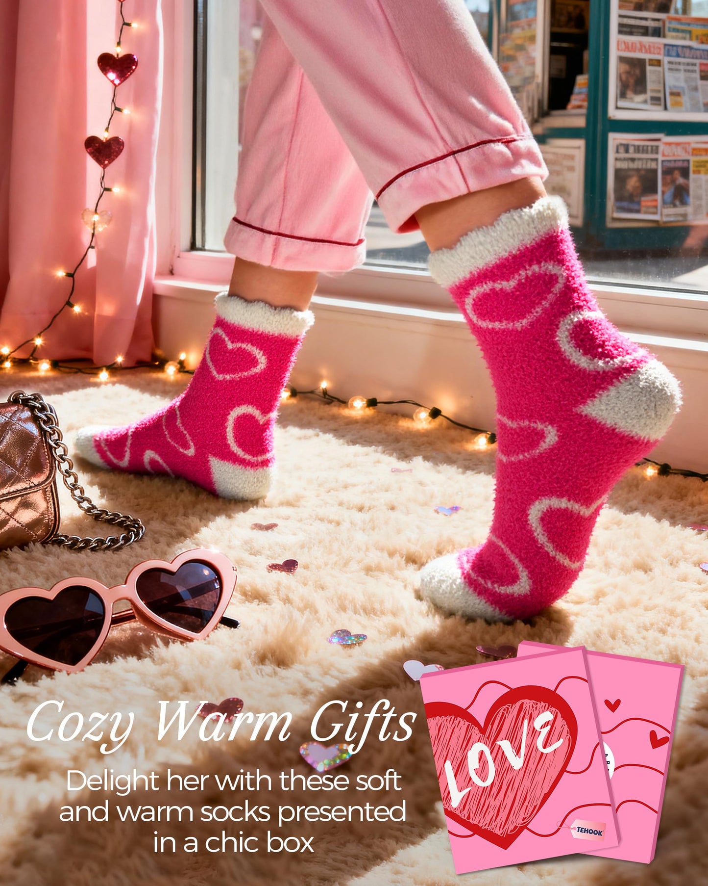 Valentines Gifts, Warm Fuzzy Cozy Fluffy Soft Socks, Pink Heart Socks for Valentines Basket Stuffers