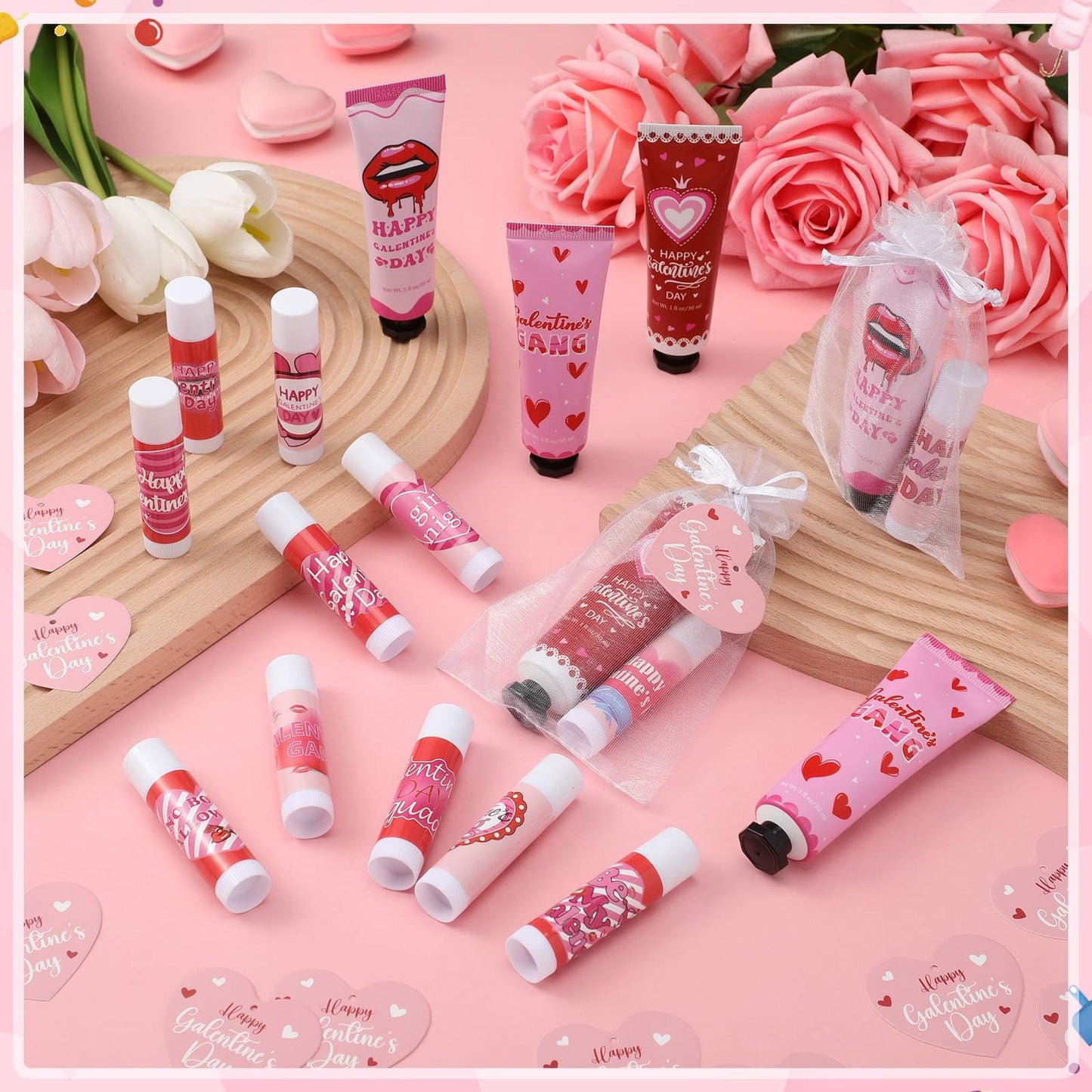 48 Pcs Galentine's Day Gifts Hand Cream and Lip Balm Bulk Set with Organza Bag Heart Happy Galentine's Day Card for Women Galentine Gift for Women Friends