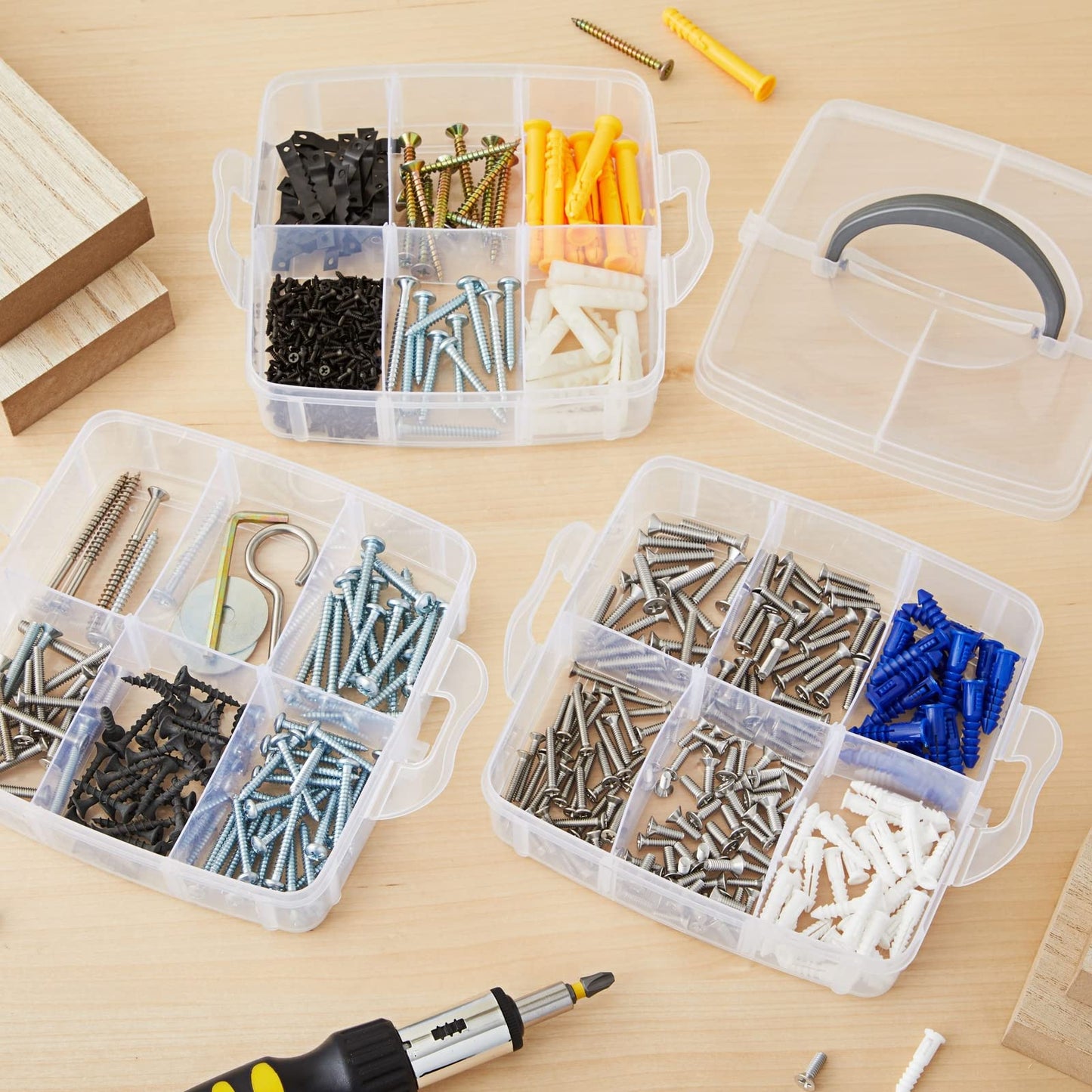 Juvale 3 Tier Stackable Storage Containers with Adjustable Compartments for Beads, Sewing Accessories, Arts and Crafts Supplies (6 x 6 x 5 In)