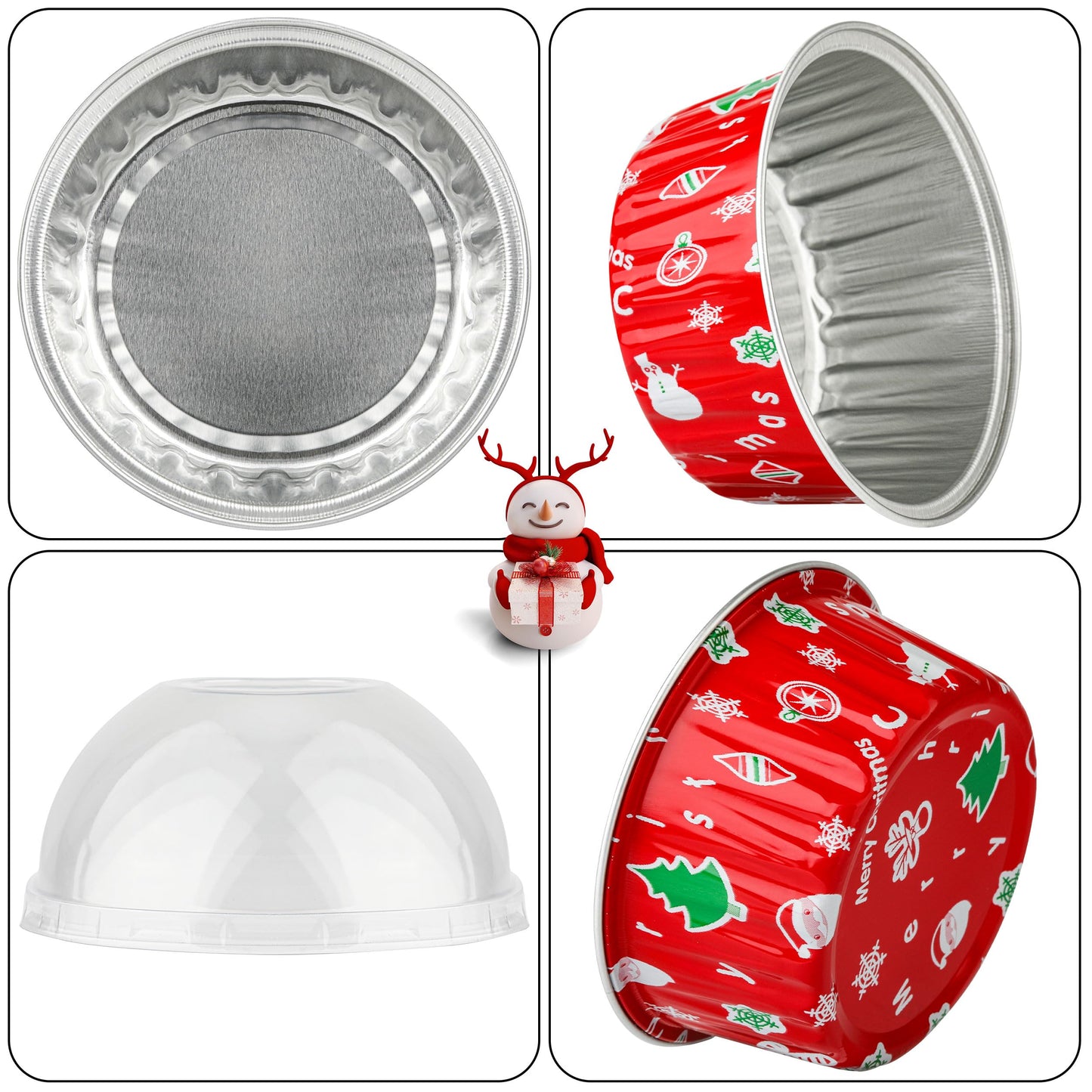 Mini Cake Pans, 50PCS 4OZ Aluminum Foil Baking Cups with Lids Disposable Ramekins Cupcake Containers Wrappers Aluminum Pans With Lids Cake Cups, Red Christmas