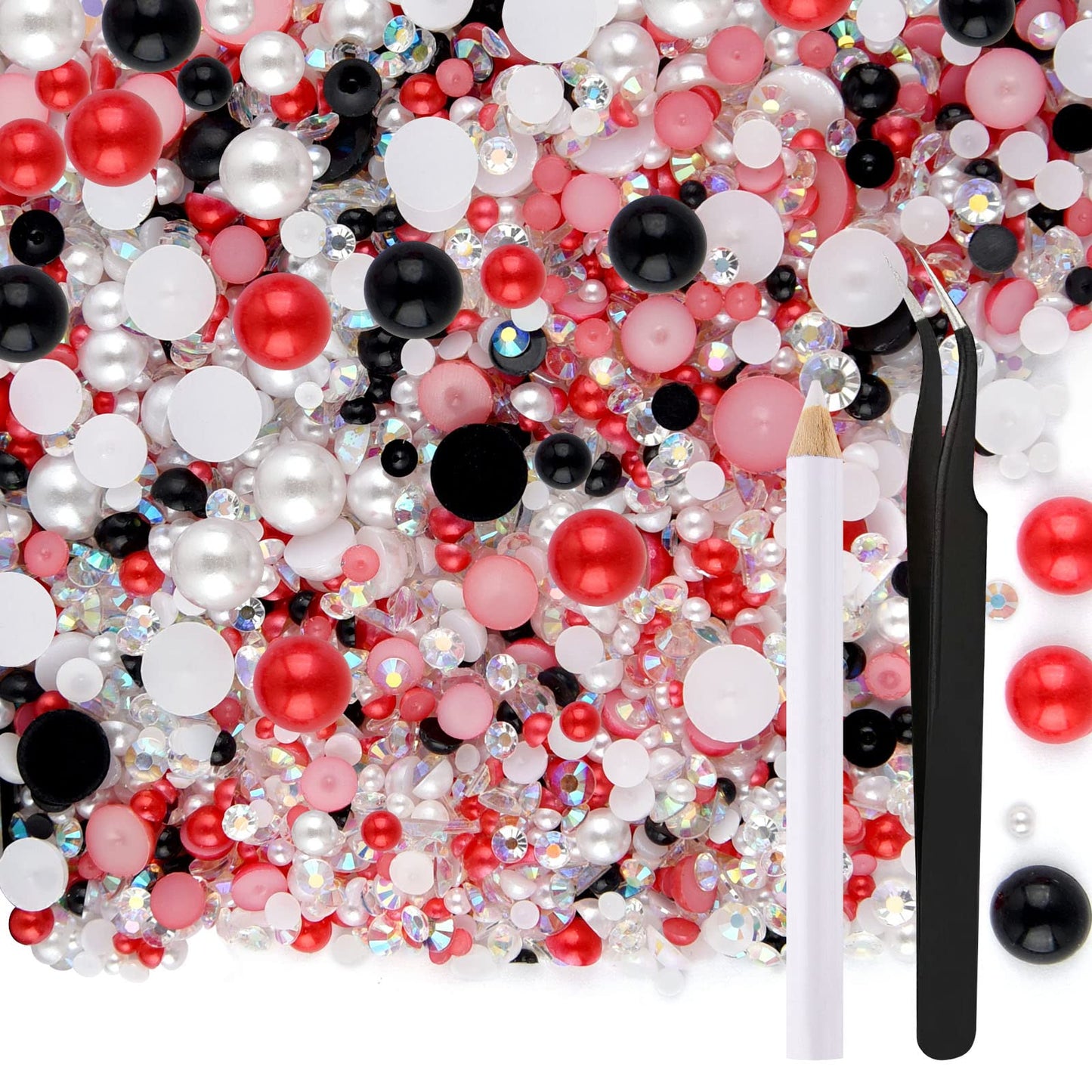 ASTARON 50g Mix Flatback Rhinestones Half Pearls for Crafts Mixed Size 3mm-10mm Flat Back Rhinestones for Crafts Flatback Pearls for DIY Tumblers Mugs Nail Art Shoes Clothes (Red Black Series)