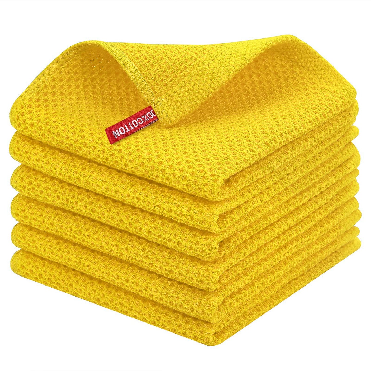 100% Cotton Waffle Weave Kitchen Dish Cloths, Ultra Soft Absorbent Quick Drying Dish Towels, 12 x 12 Inches, 6-Pack, Yellow