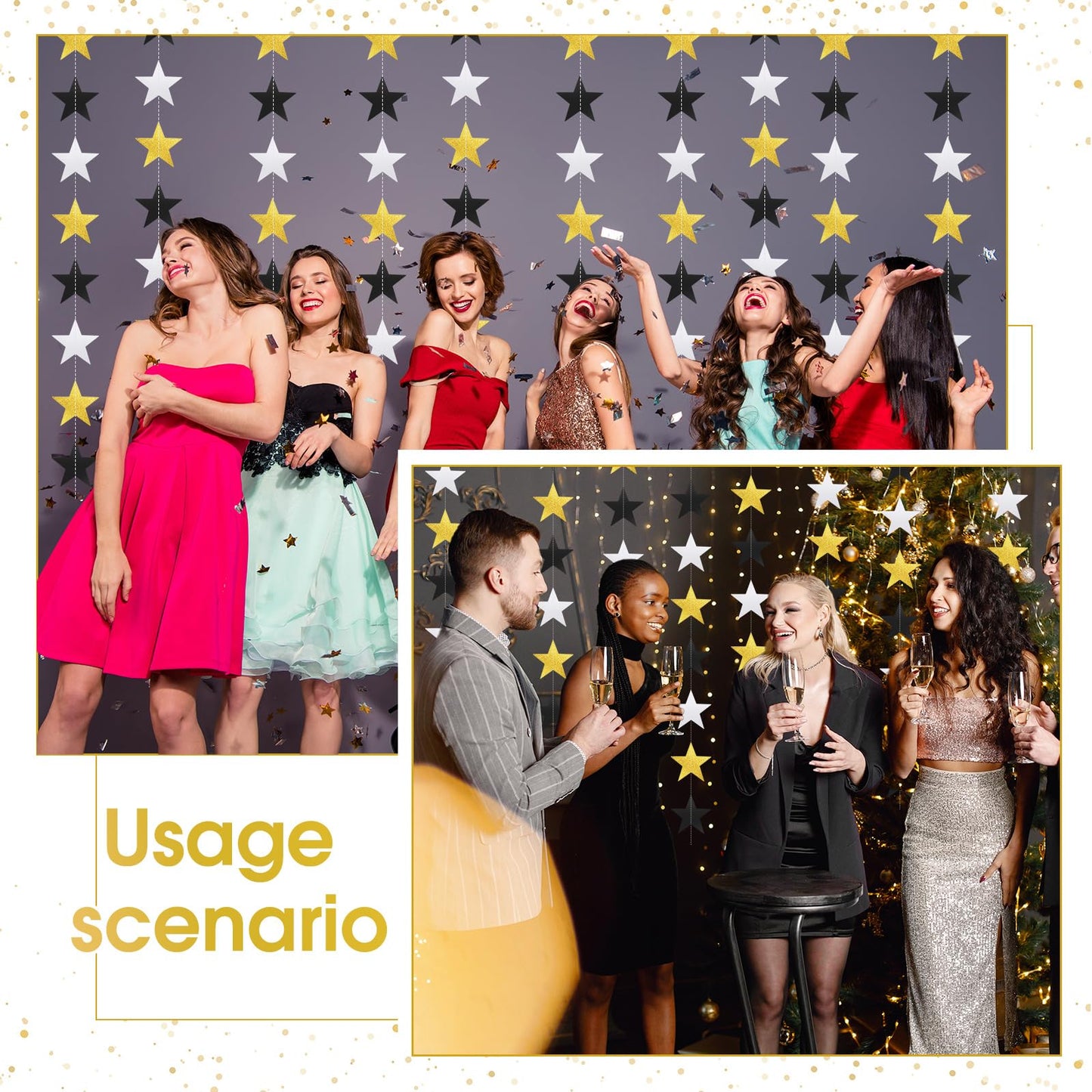 Patelai Glitter Star Garland Banner Decor, 130 Feet Bright Star Hanging Bunting Banner Backdrop for 2024 New Year Graduation Wedding Birthday Party Decor(Silver Gold Black)