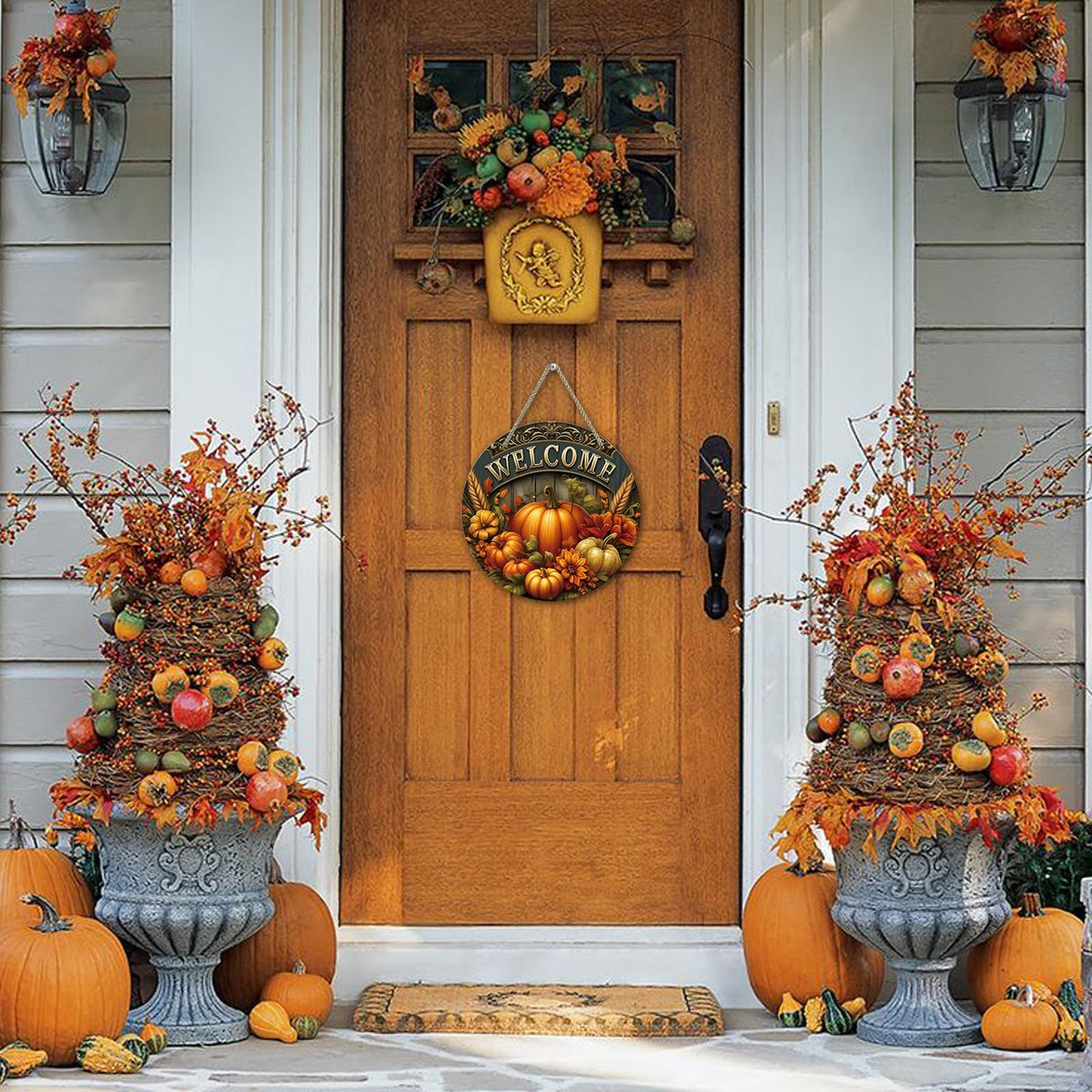 Fall Door Sign Autumn Pumpkin Welcome Wreath for Front Door Decor