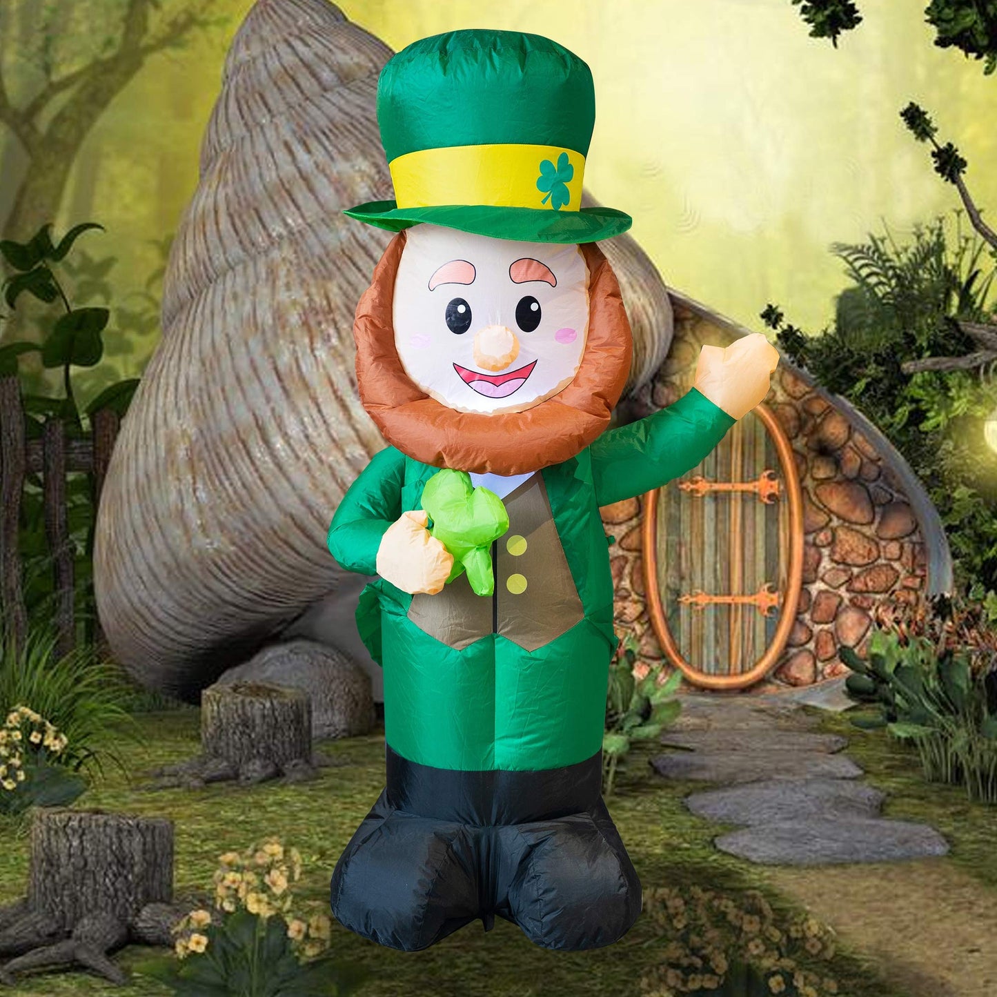 4 Feet Inflatable St Patrick's Day Decoration, Blow Up Leprechaun with Green Hat and Lucky Clover in Hand for Indoor Outdoor Lawn Yard