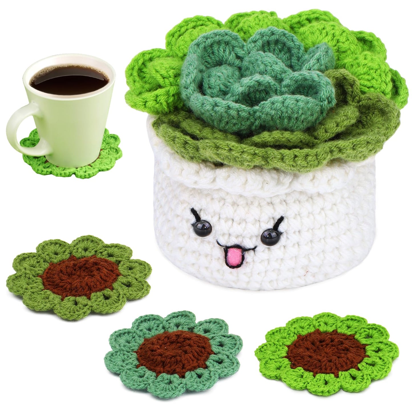FTEVEN Crochet Kit for Beginners, 3PCS Coasters Potted Plants Crochet Starter Kit for Beginners Adults, Knitting Kit with Step-by-Step Video Tutorials and Crochet Yarns
