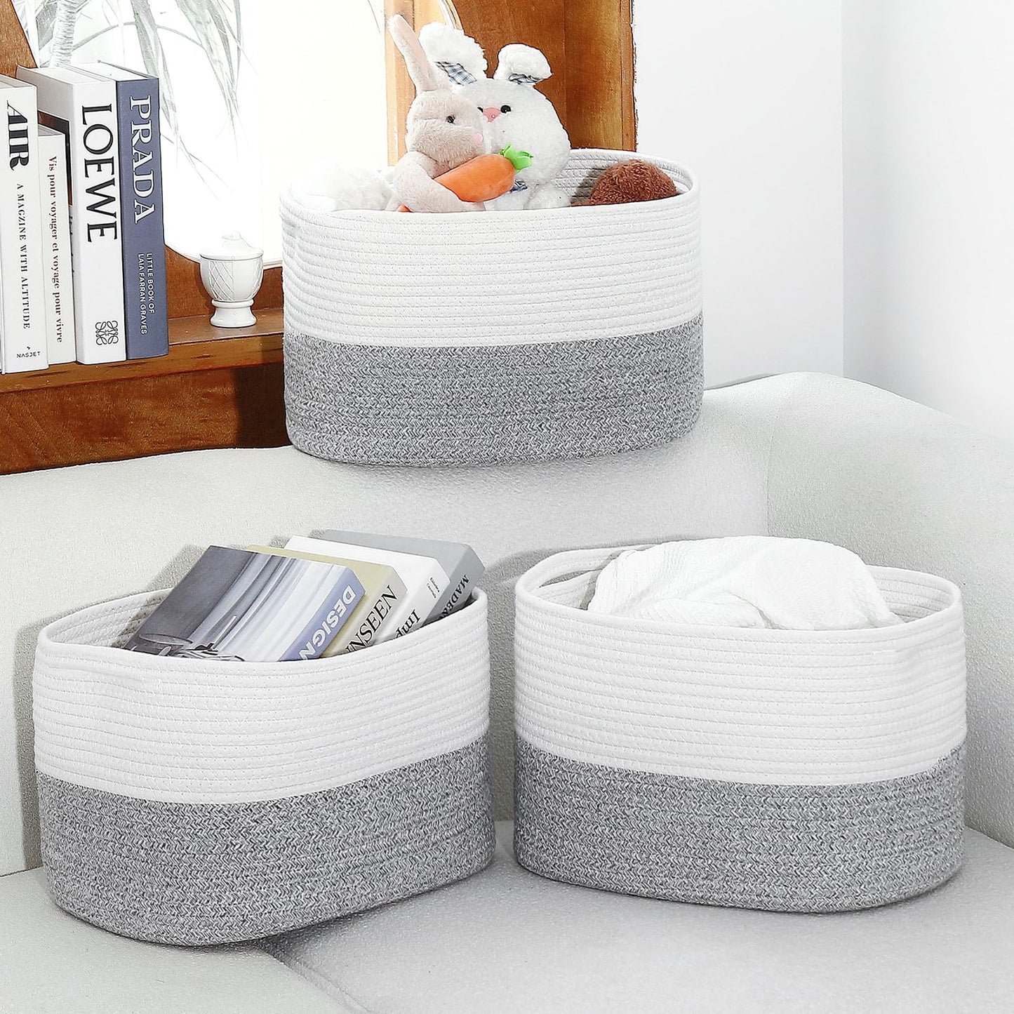 Rope Baskets for Storage Basket, Cotton Rope Woven Basket with Handles. Blanket Basket for Storing Clothes, Toys, Books, Shelves etc, 15''L x 10''W x 9.5''H, Gray/Off White