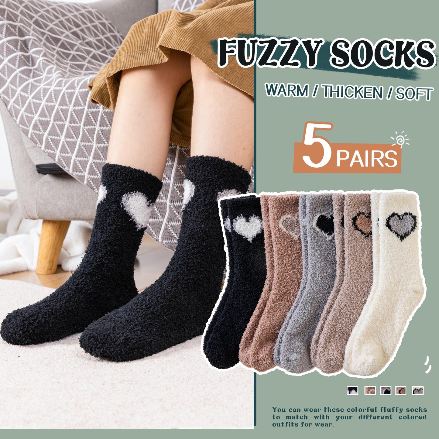 Womens Fuzzy Socks Fluffy Warm Slipper Winter Comfy Thermal Cozy Plush Sleep Home Cabin Socks (5 Pairs Heart)
