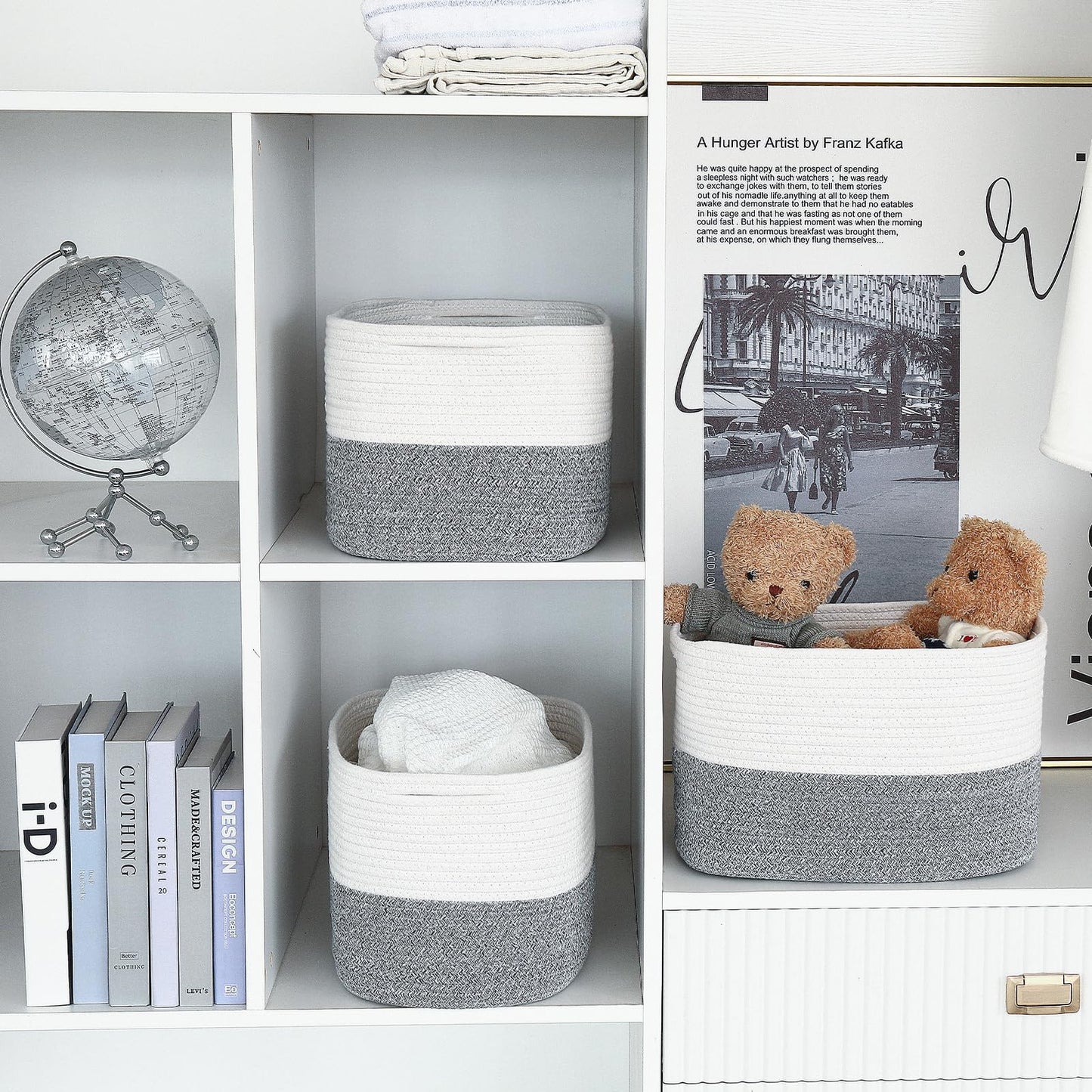 Rope Baskets for Storage Basket, Cotton Rope Woven Basket with Handles. Blanket Basket for Storing Clothes, Toys, Books, Shelves etc, 15''L x 10''W x 9.5''H, Gray/Off White