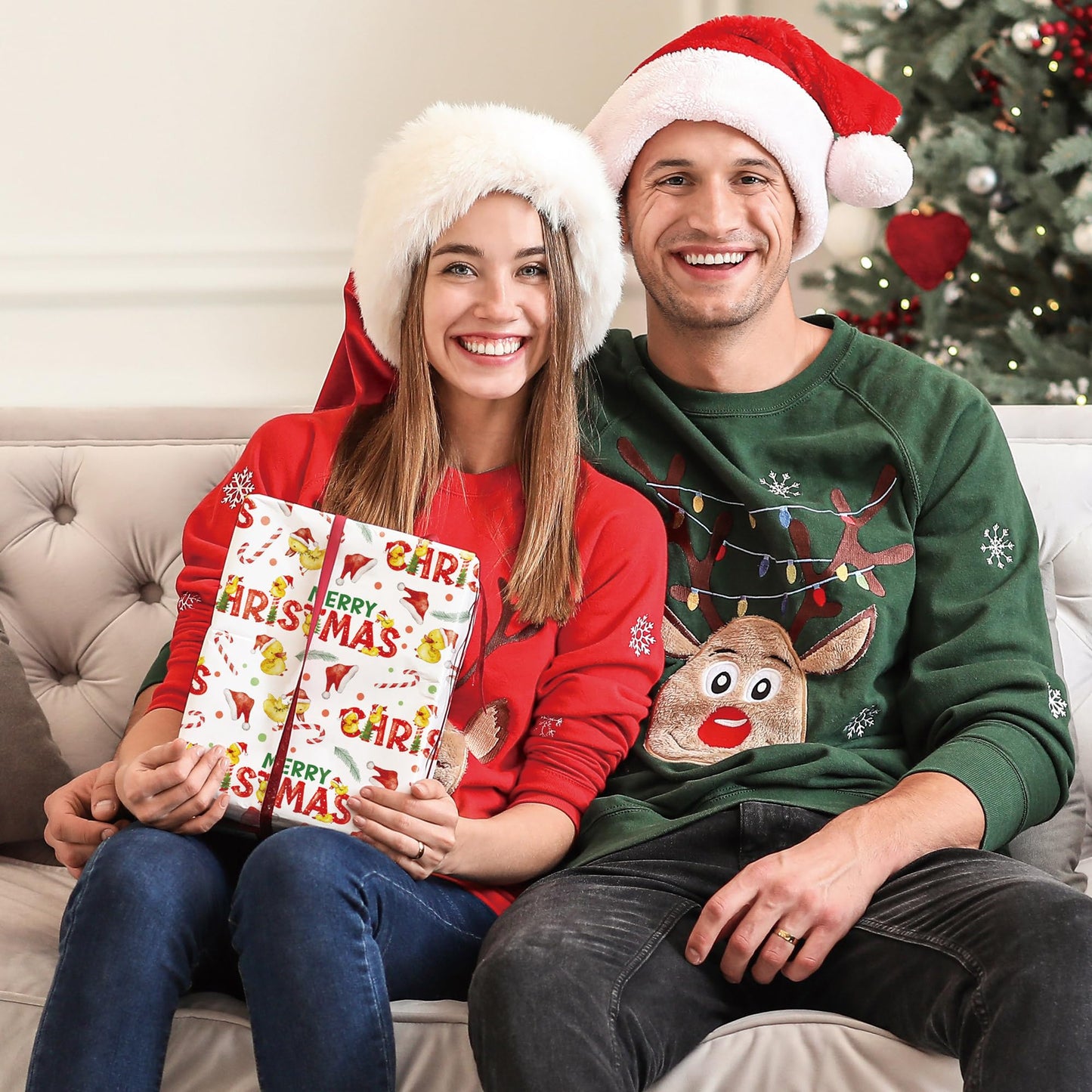 Christmas Duck Wrapping Paper - Funny Xmas Gift Wrap with Santa Hats, Candy Canes, Yellow Ducks and MERRY CHRISTMAS for Kids Boys Girls - 40×28 Inches, 4 Folded Sheets