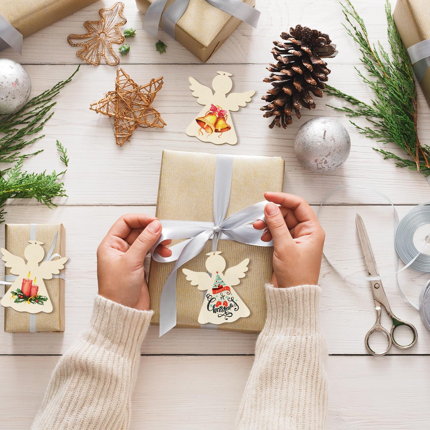 Wooden Christmas Ornaments to Paint - Angel Decoration Cutouts, Unfinished 24PCS, 3.5 x 3 inches, DIY Blank Unfinished Christmas Tree Wood Discs Ornament for Home Crafts Hanging