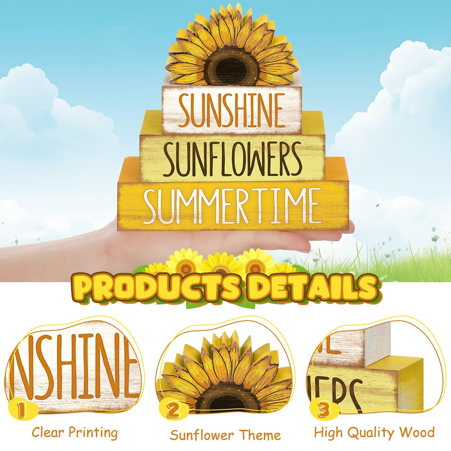 4 Pcs Summer Wooden Tiered Tray Decor Farmhouse Rustic Table Decor Books Stack Block Signs for Table & Home Office Decorations(Sunflower Style)