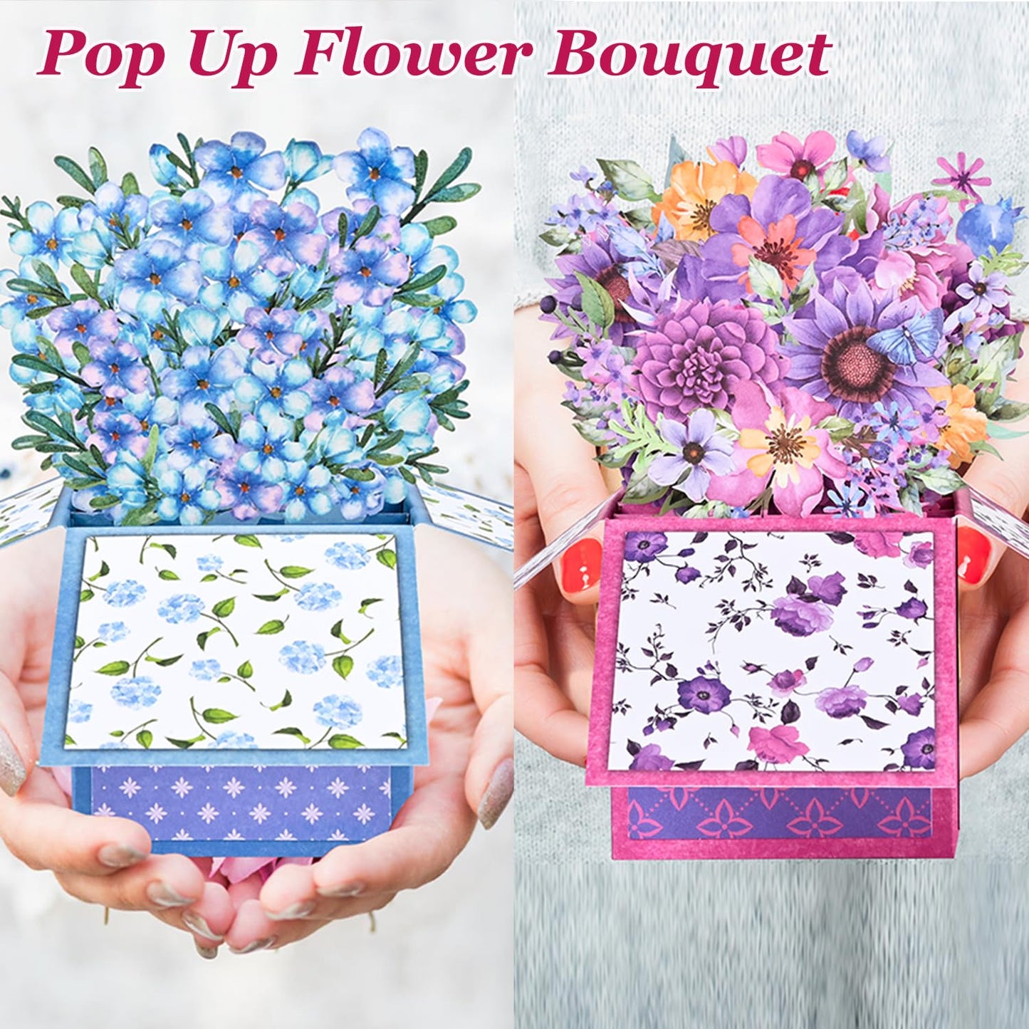 Giiffu 4 Pack Pop Up Flower Bouquet Cards, 3D Flower Pop Up Card with Envelope & Note, Mothers Day Pop Up Cards for Mom, Birthday Cards for Women, Paper Flower Bouquet, Get Well & Thank You Cards