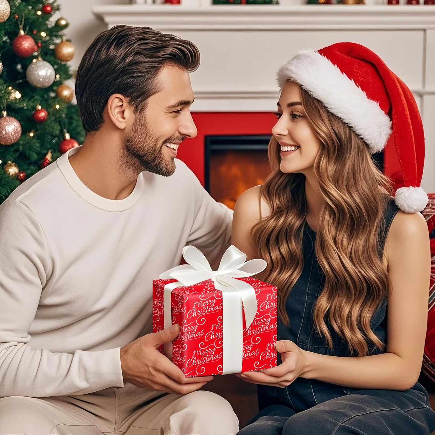 Reversible Red Christmas Wrapping Paper - Mini Roll - 17 Inch x 33 Feet - Merry Christmas and Solid Red Wrapping Paper for Holiday, Party Celebration