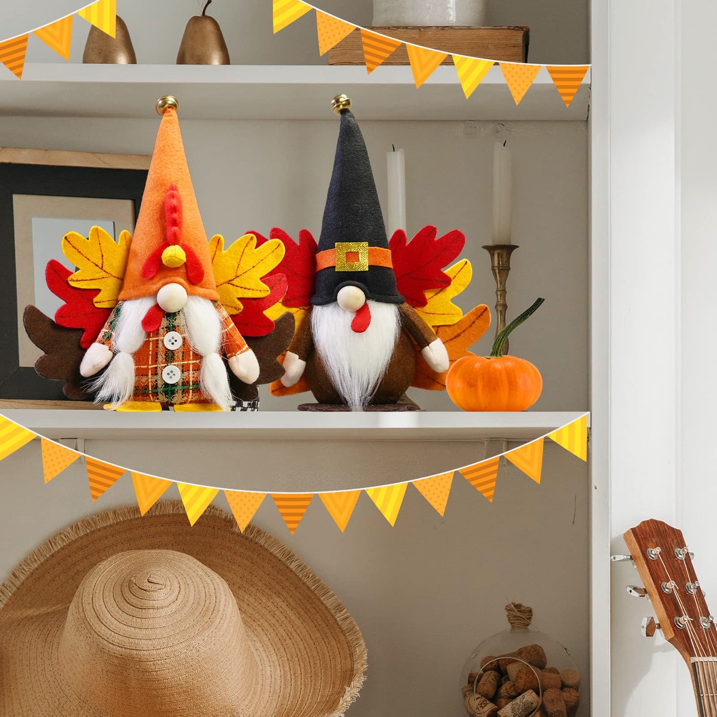 Turkey Fall Gnome, Thanksgiving Gnome Decorations, 2Pack Handmade Swedish Tomte Gnomes with Maple Leaves Wings Harvest Gnome Plush Scandinavian Figurine Nordic Gnomes Holiday Decor Gifts