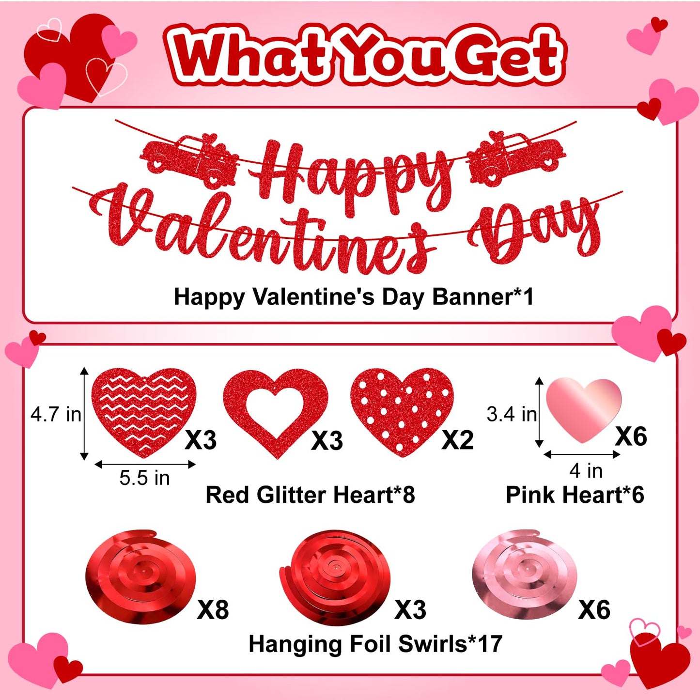 45 Pcs Valentines Day Decorations Kit - Happy Valentines Day Banner, Glitter Ceiling Hanging Hearts, Foil Swirls, Streamers Decor for Home Office Valentine Party Supplies