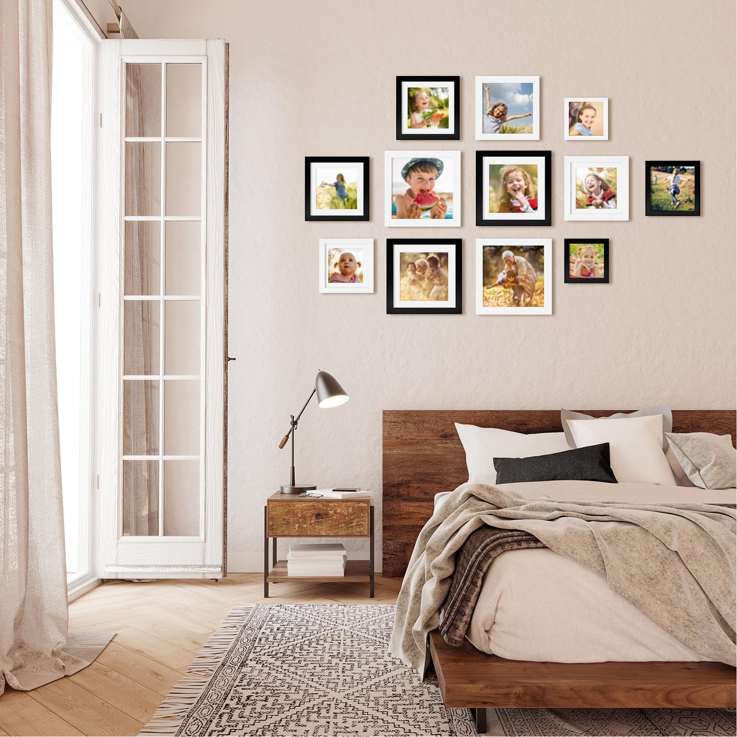 KINLINK 7x7 Picture Frame Black Set of 4, Wooden Square Photo Frames Matted 5x5 with Plexiglass for 5x5 with Mat or 7x7 without Mat for Table and Wall Display