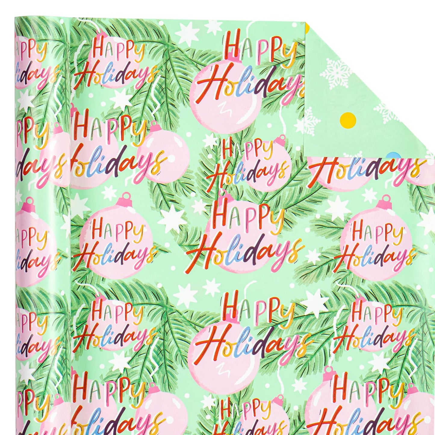 Reversible Christmas Wrapping Paper - Mini Roll - 17 Inch x 33 Feet - Happy Holiday Lettering with Christmas Ball Design for Holiday, Party Celebration