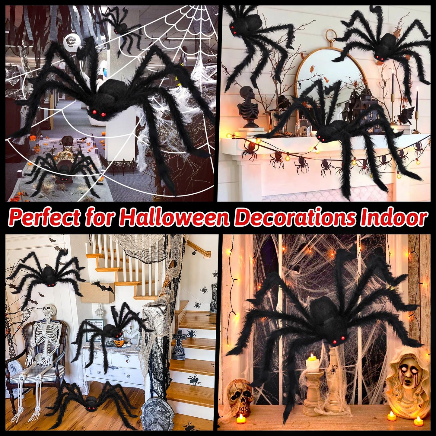 EZIGO Halloween Spider Decorations 3PCS Giant Spider Huge Spider Web Stretch Web Component of Huge Spider and Mega Spider Web Halloween Party Supplies Yard Halloween Outdoor Décor Haunted Decoration