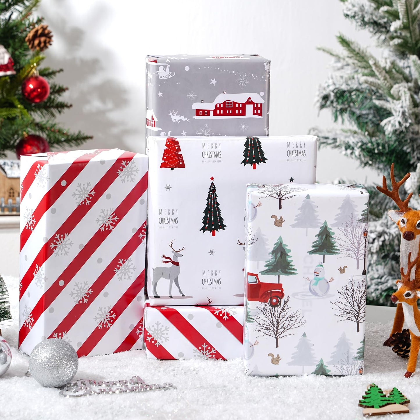 Cuitpan White Christmas Wrapping Paper Bundle for Kids Adults - Reindeer, Stripes, Woodlands, Snowflake, Red Truck Winter Scene Designs - 28 x 40 Inches, 6 Jumbo Sheets, Recycled