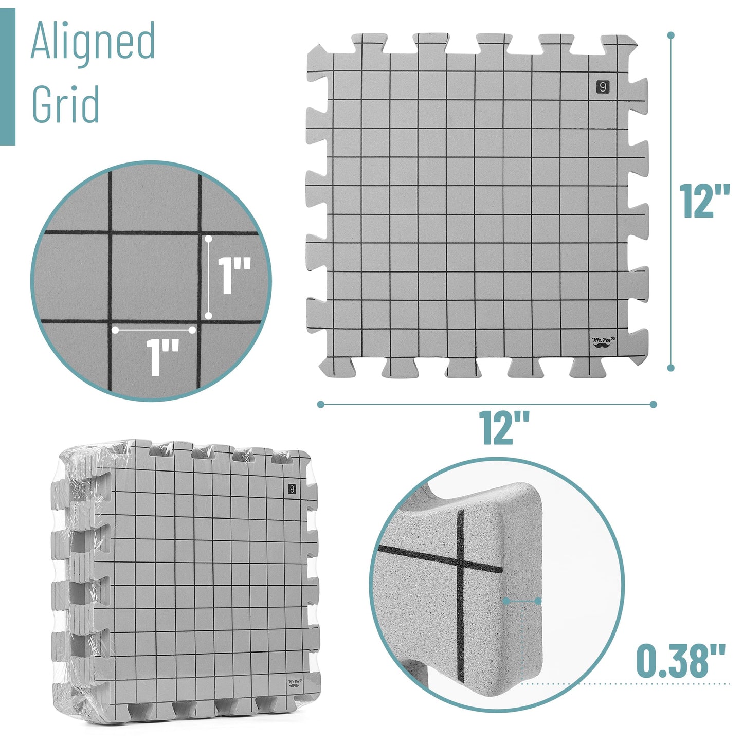 Blocking Mats for Knitting & Crochet Projects, 12" x 12", 9 Pack with 150 pcs T-Pins, Gray Aligned Grid Knitting Blocking Mats and Pins, Water & Heat Resistant