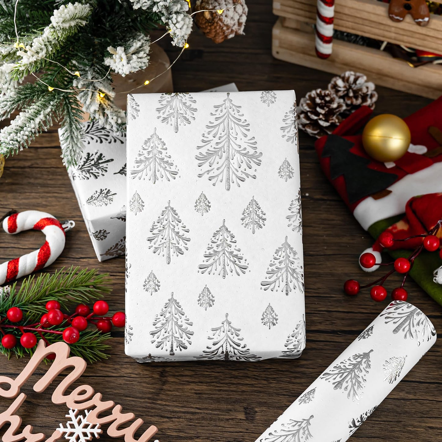 Kraft Christmas Wrapping Paper,Silver Gold 3D Embossed Foil Christmas Tree with Woodlands Wrap Paper for Holiday, Party,Celebration, New Year (17 Inch X 32.8 Feet)