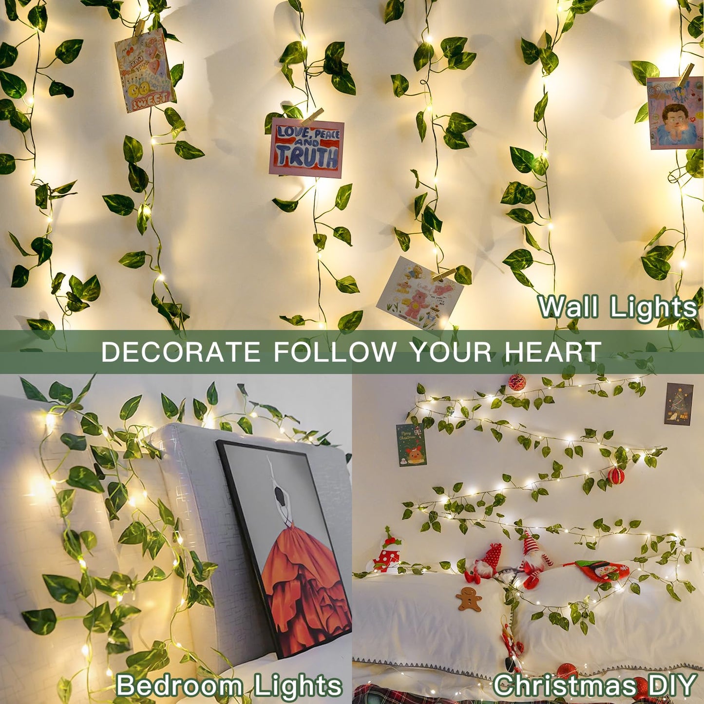 suddus Vine with Fairy Lights Battery Operated, 33ft100 LED Pothos String Lights with Remote, Leaf Lights for Bedroom, Room, Wall, Garden, Party, Wedding Dorm Decor(Warm White)