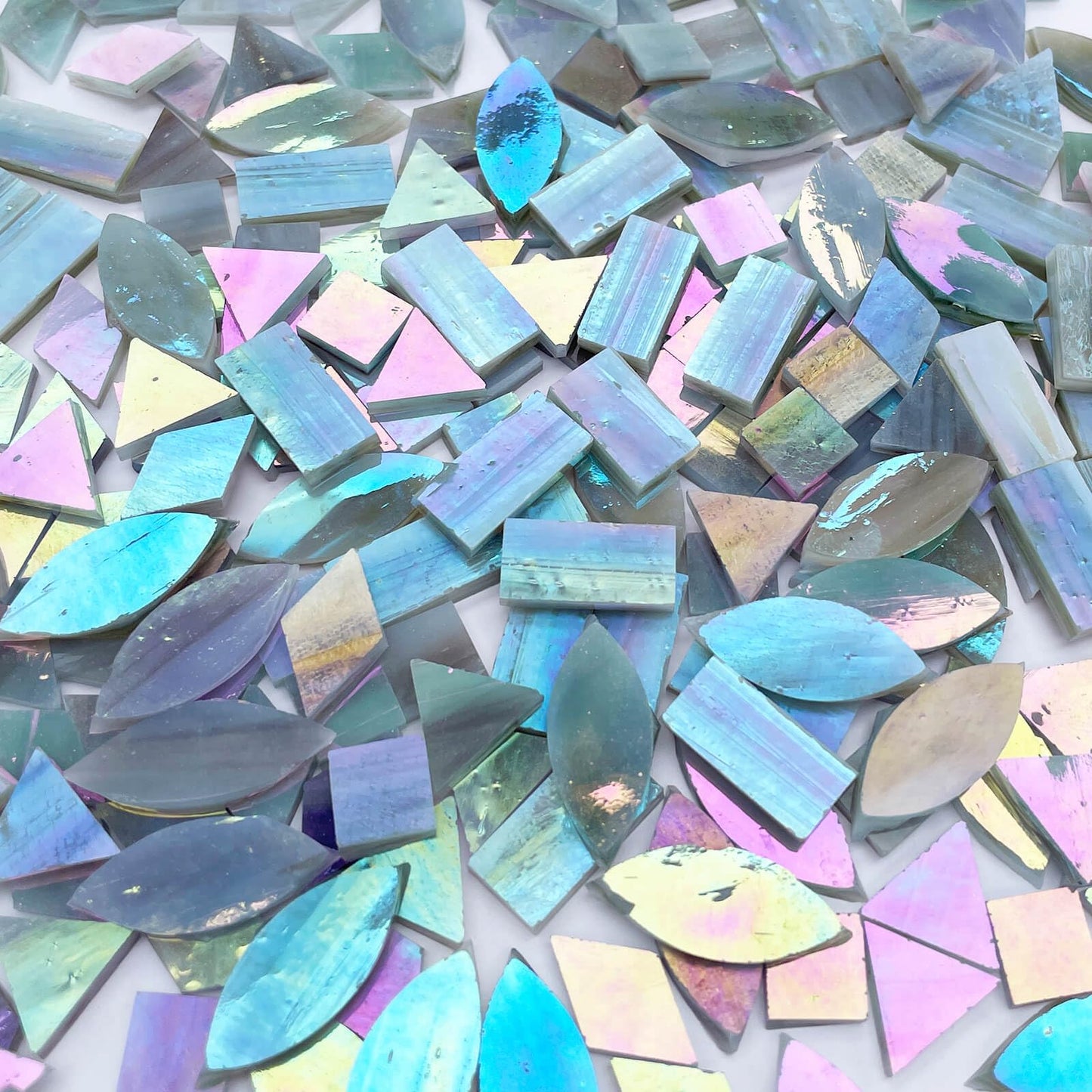 LITMIND Iridescent Ash Gray Stained Glass Mosaic Tiles for Crafts - 240 Pieces, 5 Shapes Mixed (Rectangle, Triangle, Rhombus, Square, Leaf) - Ideal for Mosaic Making Projects and Beginners