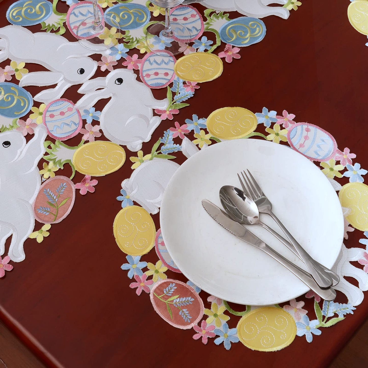 Embroidered Bunny and Colorful Eggs Table Runners for Easter Holiday or Spring Season (14 x 68 inches)