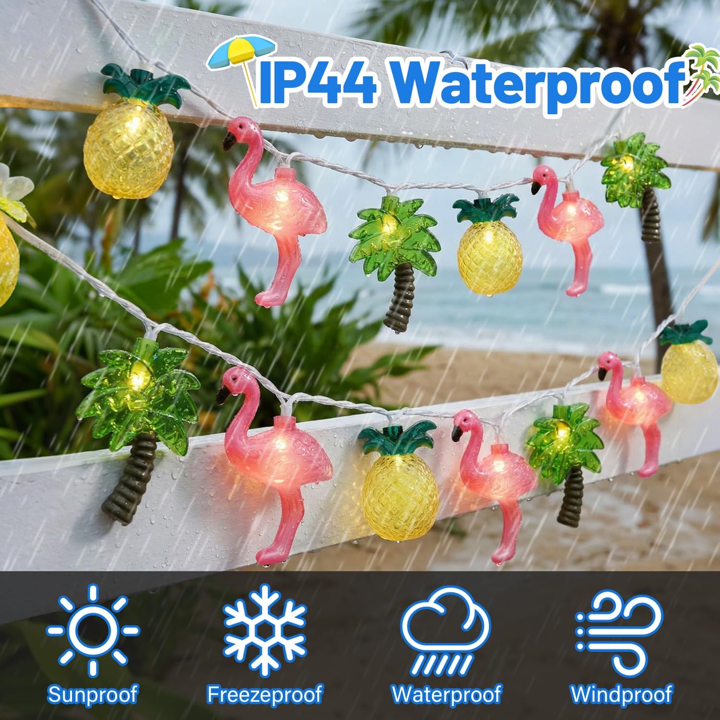 Hawaiian Party Decorations Lights - 8.5Ft LED Flamingo Pineapple Palm Tree Lights Tropical String Lights Tiki Lights Outdoor for Summer Hawaiian Themed Pool Beach Party Bar Home Room Tropical Decor
