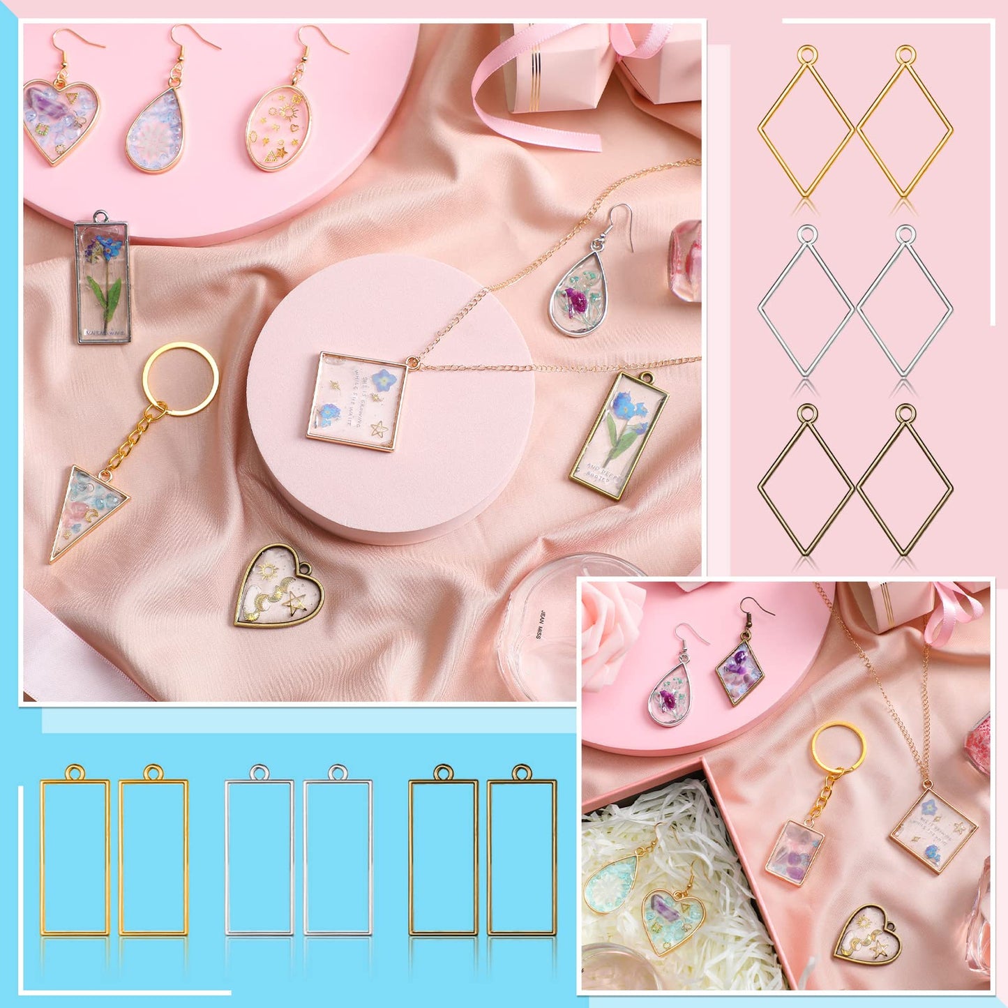 Inbagi 180 Pcs Open Bezels for Resin Jewelry Making Kit Hollow Frame Pendants Resin Craft Bezels Assorted Geometric Frame Charms for Casting Necklace Earring