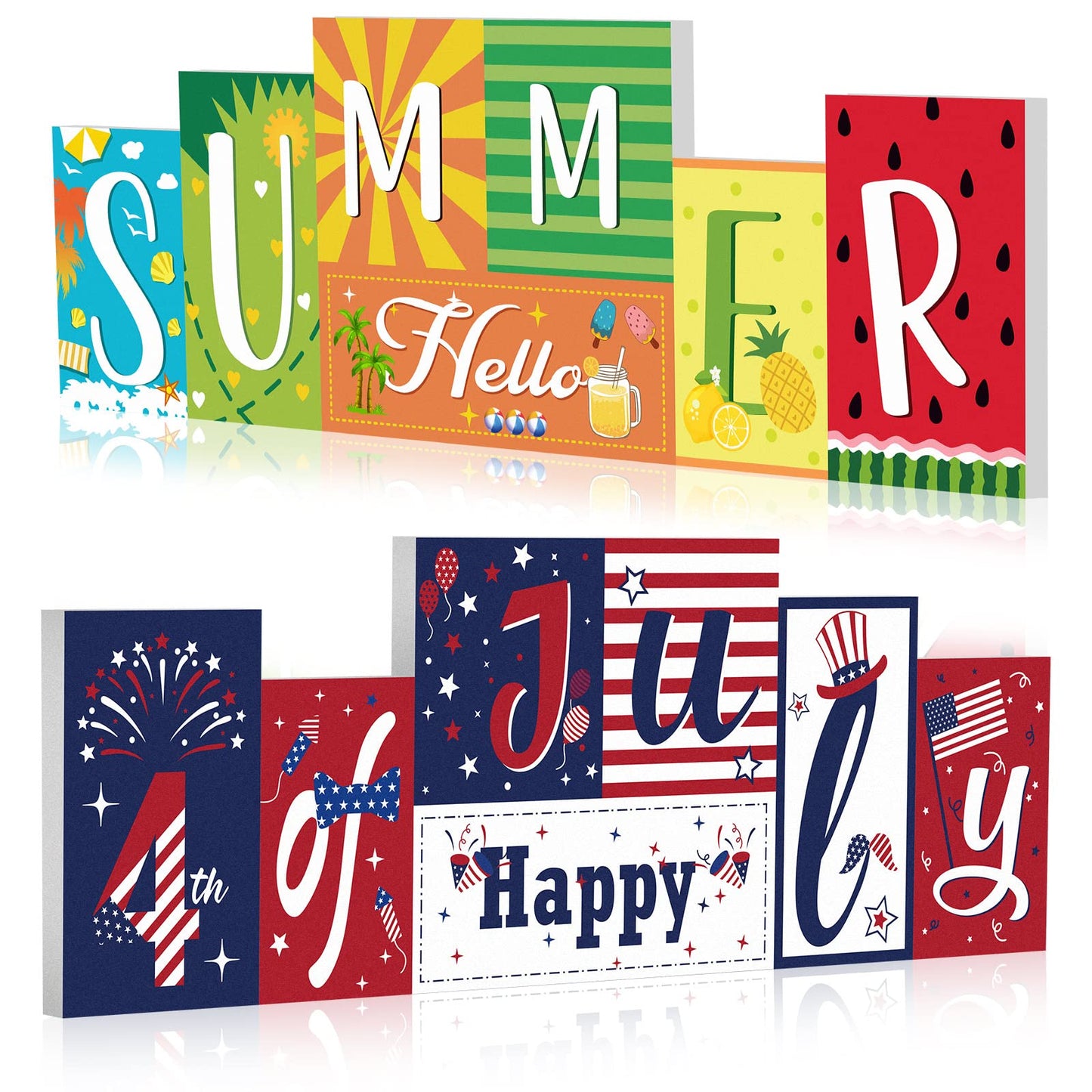 Summer Wooden Table Sign Double Sided Hello Summer and Happy 4th of July Tabletop Sign Hawaii Wood Block Memorial Day patriotic Tiered Tray Decor for Office Home indoor Shelf Centerpiece