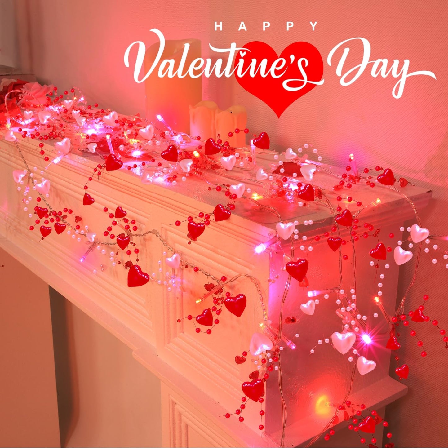 2 Pack Valentines Day Decorations Pink & Red Hearts Lights, Valentine Day Garland with Light Total 13Ft 40LED Beads Hearts String Light Battery Operated Valentines Day Lights for Home Bedroom