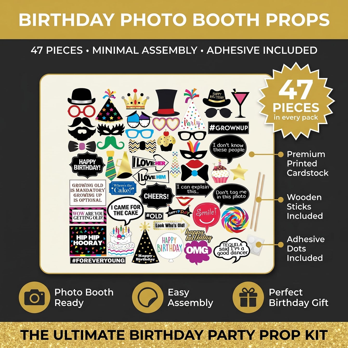 Funny Birthday Photo Booth Props - 47 Pieces - Funny Birthday Party Supplies for Him or Her - Photo Booth Decorations, Favors and Gifts