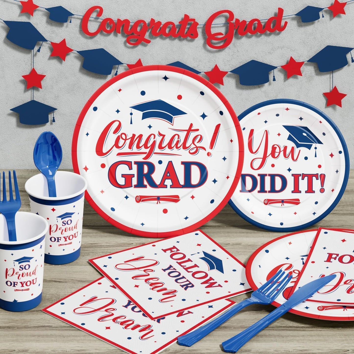 Ecomore Graduation Decorations Class of 2026, 350 PCS Graduation Party Supplies College High School Grad Decor Disposable Dinnerware (Serve 50) Paper Plates Cup Napkin Fork Knife Spoon (Red & Blue)