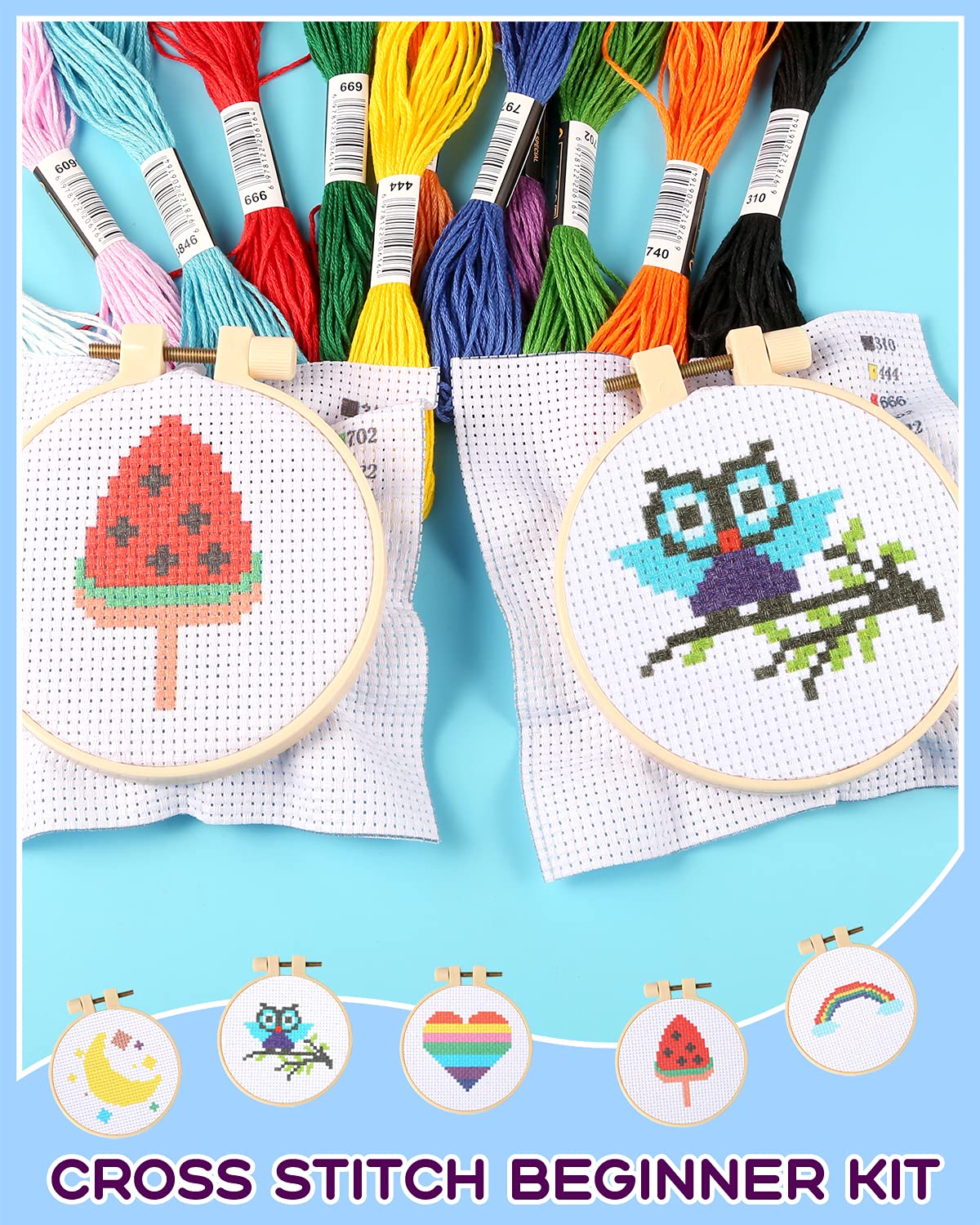 Pllieay Cross Stitch Beginner Kit for Kids 7-13, Includes 6pcs Project Cross Stitch Pattern and 2pcs Hoops, 12 Skeins, Needle Point Starter Kit Sewing Set with Instructions for Christmas Gift