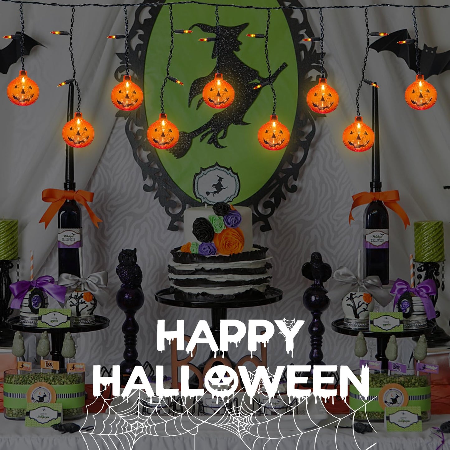 Romasaty Halloween 7FT Pumpkin Curtain Lights with 10 Waterproof Pumpkin String Lights, 25 LED Halloween Themed Lights for Windows, Porches, Stairs, Bars, Outdoor, Indoor Party Decorations